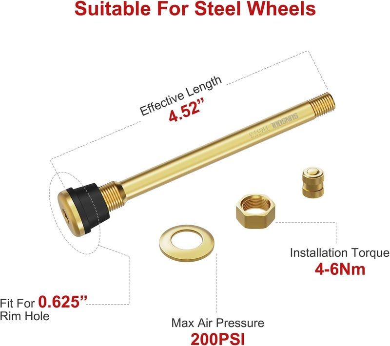 SUN SOUL TR573 10pcs Truck Tire Valve Stems, Brass Commercial 4-3/8 Valve Stems for Rim Φ.625" - Image 2